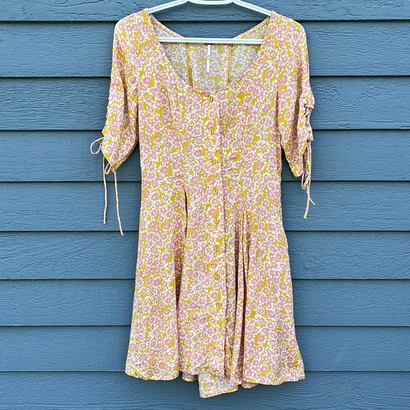 NWOT Free People Floral Mini Dress Lace Up Details - Picture 2 of 10